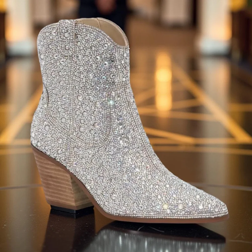 Betsey Johnson NWT Sz 6 Sparkling Crystal Heeled Western Boots (SH096) - Picture 1 of 14